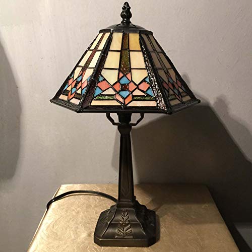 Bieye L10791 Mission Style Table Lamp Tiffany Stained Glass Night Light With Hexagonal Cone Lampshade, 10" W X 16" H #TOP3