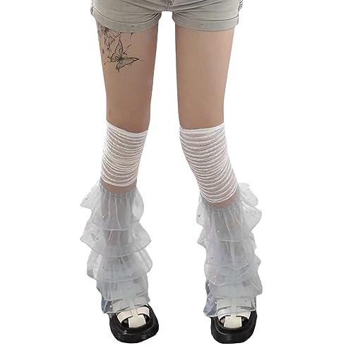 Image of Women Leg Warmers Ruffled Lace Patchwork Long Thigh High Socks Boot Cuffs Cover for Streetwear