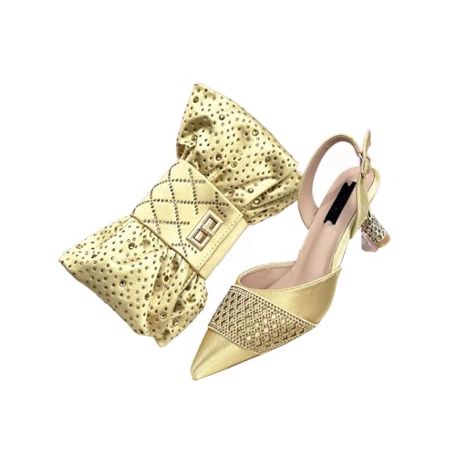 Women Shoes and Matching Bags Decorated with Pointed Toe Wedding Shoes Bride Gold