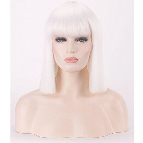 BERON 14’’Straight Bob Wig Shoulder Length Natural Flat Bang Wig with Free Wig Cap (White)