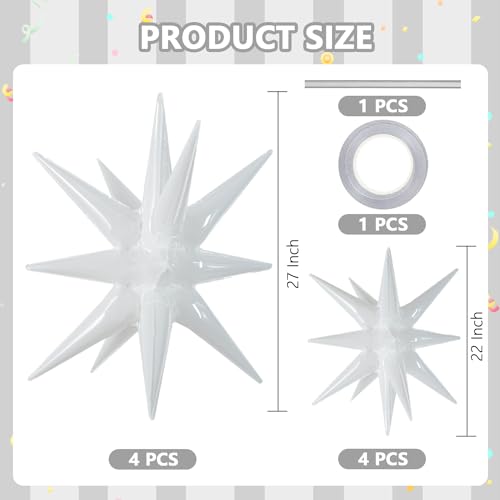 Image of TONIFUL 8 Pcs Explosion Star Balloons White Foil Balloon Party Decorations | 2 Size Mylar Star Balloon for White Party Decorations Christmas New Year Birthday Wedding Baby Shower Photo Booth Supplies