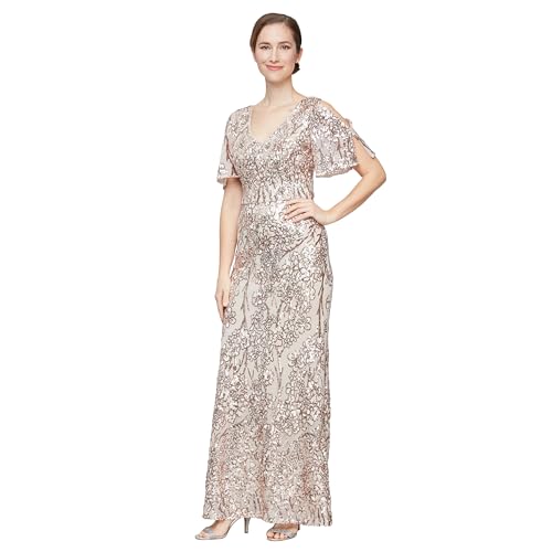 Image of Alex Evenings Women's Long Mother of The Bride Sequin Dress with Cold Shoulder Flutter Sleeves (Petite and Regular Sizes)