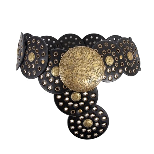 NUMJAW Disc Western Belts for Woman Cowgirl,Circle Boho Belts For Women,Faux Leather Conch Waist Chunky Belt,Black Cowboy Metal Buckle Western Style Wide Country Belt for Dress Jeans