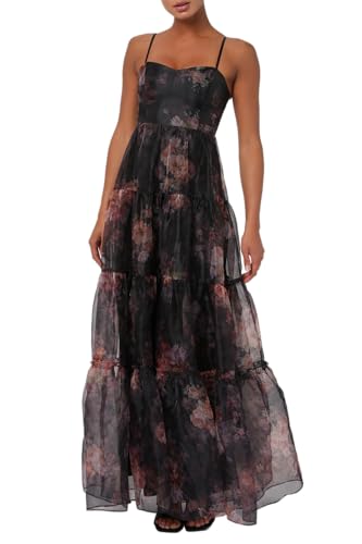 Lulus Calissa Tiered Organza Maxi Dress, Cocktail Dress for Women, Floral Formal Dress with Adjustable Straps