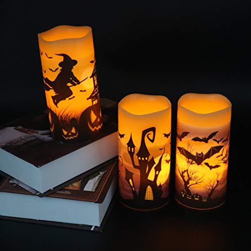 Image of Wondise Halloween Flameless Flickering Candles with 6hrs Timer, Battery Operated Candles with Halloween Decals Real Wax LED Pillar Candles for Halloween Home Table Decor (3 x 6 Inches), Orange
