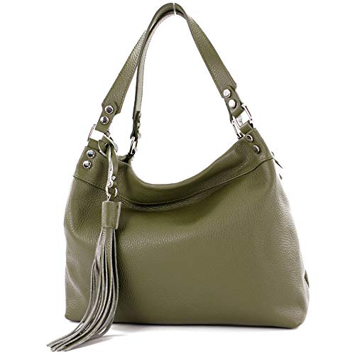 modamoda de T201 Damen Leder Schultertasche Handtasche handmade in Italy, Farbe:Olivgrün