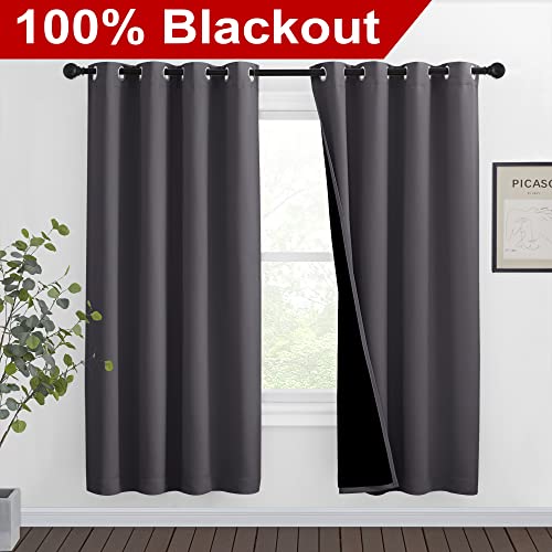 Image of NICETOWN Grey Full Shade Curtain Panels, Pair of Thermal Insulated & Energy Efficiency Blackout Curtains for Living Room Windows, Lined Silky Performance Window Dressing (46 inch Wide x 72 inch Long, Gray)