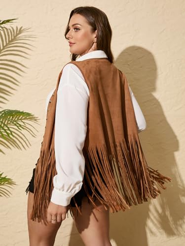 OYOANGLE Women's Plus Size Western Wear Cowgirl Outfits Fringe Trim Open Front Sleeveless Faux Suede Vest Jacket2
