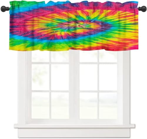 Image of Swirl Tie Dye Multicolor Window Valance Curtain,Retro Spiral Hippie Style Chic Watercolor Window Valances Treatments for Kitchen Living Room Cafe Decor 54'x18', 1 Panel