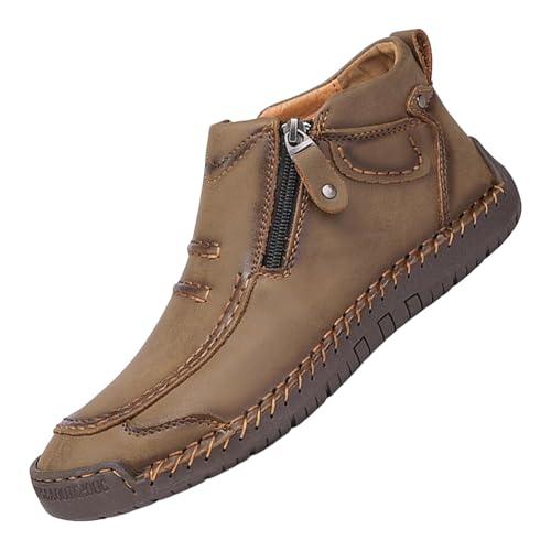 RSZGSWS Men’s Leather Boots Fashion High Top Loafers Shoes Casual Handmade Slip-On Orthopedic Sneakers Driving Hiking Dress Shoe Khaki