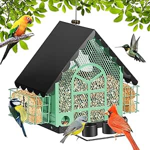DoubleCare Mangeoires à oiseaux pour l'extérieur  mangeoire à oiseaux de grande capacité avec double cage à suif  nichoirs en métal à suspendre avec tasse d'eau pour cour  jardin  pour les amateurs