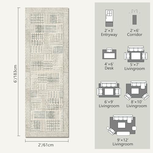 Image of Area Rug 2x6 Abstract Geometric Textured Brushstroke - Neutral Gray & Light Blue Modern Minimalist Hallway Runner Rug, Decorative Carpet for Living Room Bedroom Home Decor