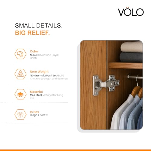 Image of VOLO 10 Pieces (Pack of 5 Set) Concealed Cabinet Hinges with Screws | 0 Crank - Full Overlay | Auto Hinges for Kitchen Cabinets, Mild Steel European Style Hinge for Home, Office & Wardrobe