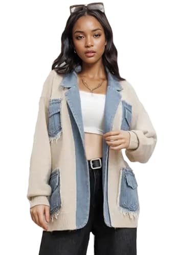 Tbahhir Women's Denim Patchwork Sweater Cardigan Open Front Chunky Knit Outwear Casual Jacket Coat with Pockets