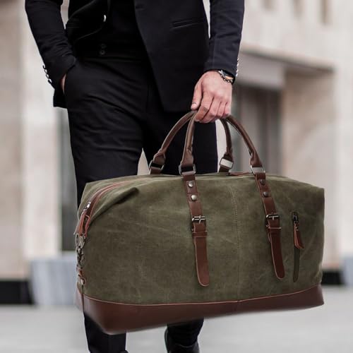 Image of CAVALO - Be Unique Vintage Canvas Travel Duffel Bag for Men & Women, 40L Large Capacity Weekender Bag with Detachable Shoulder Strap, Leather Handles, for Travel, Gym & Business Trips (Green)
