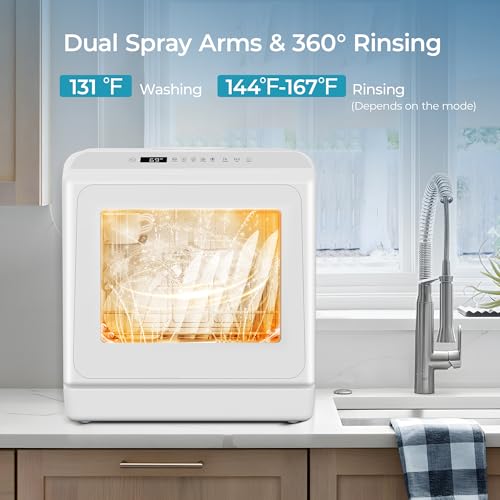 EUHOMY Countertop Dishwasher Portable with 6 Programs, 5L Built-in Water Tank for Apartments, 167โ High-Temp, No Hookup Needed, Mini Dishwasher with Baby Care, Air Dry/Quick/ECO/Fruit/Normal, White