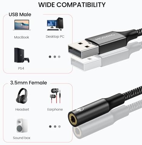 MOSWAG USB to 3.5mm Jack Audio Adapter 0.65Feet/20cm, External Sound Card Support Mic TRRS Headset with 3.5mm Aux Stereo Converter Compatible with Windows, PC, Laptop, Mac, Linux, Desktops, PS4 - 1