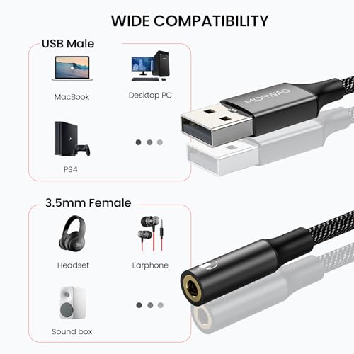 Image of MOSWAG USB to Audio Jack Adapter 0.65Feet /20cm,External Sound Card Jack Audio Adapter with 3.5mm Aux Stereo Converter Compatible with Headset,PC,Laptop,Linux,Desktops,PS4 and More Device