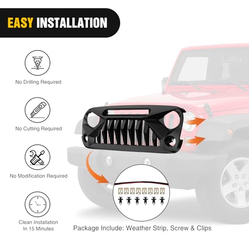 Image of Nilight Front Bumper Grill Cover for 2007 2008 2009 2010 2011 2012 2013 2014 2015 2016 2017 2018 Wrangler JK /JKU Rubicon, & Sahara Sport with LED Work Light Pods Matte Black