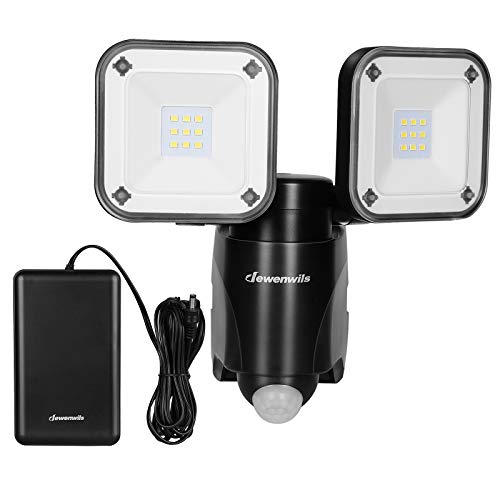DEWENWILS Battery Powered Motion Sensor Security Lights, 800LM LED Flood Light Outdoor, 6000K, IP44 Waterproof, Exterior Battery Box Operated, Dual Head Motion Light for Garage, Yard, Porch, Patio