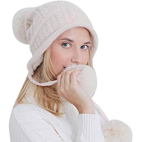 Kangqifen Women Winter Knit Slouchy Beanie with 3 Pompom Fleece Lined Ear Flaps Hat Warm Soft Ski Cap Beige Cover