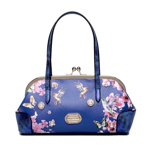 Twilight Garden Women's Designer Handbag with Floral Print, Kiss Lock & Chain Strap with Crystal Embellishments (Royal Blue) (BLUE)