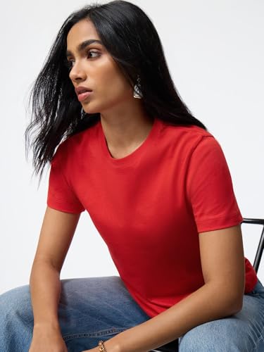 Image of The Souled Store Casual Classics: Women and Girls Short Sleeves Spread Collar Solid Cotton Regular Fit Breathable Lightweight Trendy Everyday T-Shirt
