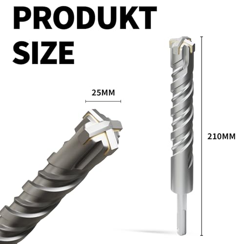 XZH SDS Plus Masonry Drill Bits 25mm x 210mm, Professional Tungsten Carbide Cross Tip - Image 2