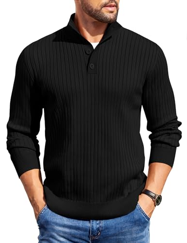 COOFANDY Mens Quarter Button Sweater Long Sleeve Stand Collar Sweaters Casual Knitted Ribbed Dress Pullover