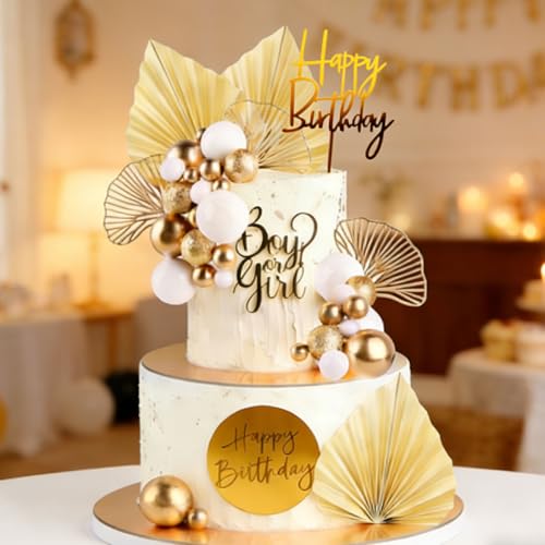 CeroDimo 29Pcs Gold and White Boho Cake Topper Set Including Paper Fans Ginkgo Leaf Decor Happy Birthday Picks and Metallic Balls Elegant Cake Decor for Wedding Birthday All Celebrations