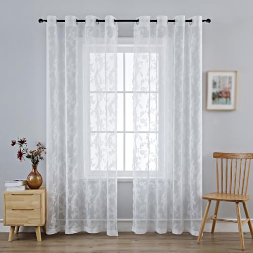 Anytime White Lace Sheer Curtain Panels for Living Room Elegant Window Treatment Sets Light Filtering Translucent Draperies for Office (2 Panels,W55 x L63inch)