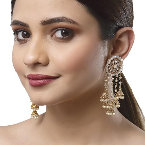 Image of Zeneme Earring Gold Plated Beaded Handcrafted Bahubali Inspired Devsena Jhumka Fringed Dangle Jewellery For Girl And Women