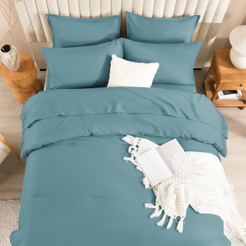 Image of Litanika California King Comforter Set Grayish Teal - 7 Pieces Bed in a Bag Cal King Bedding Comforter Sets, Plain Lightweight Bed Set with Comforter, Sheets, Pillowcases & Shams