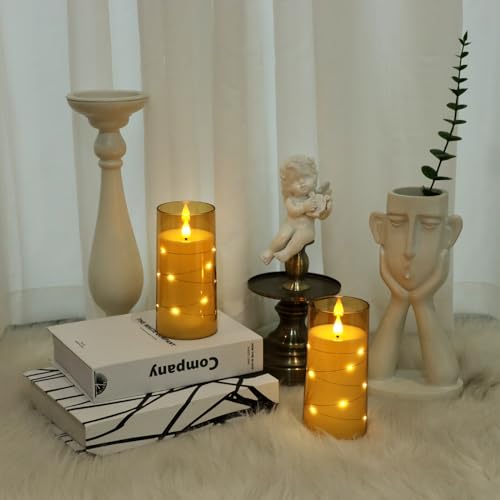 Image of Aignis Flickering Flameless Candles Battery Operated Candles LED Candles with Remote Timer for Home /Wedding /Birthday /Holiday Decor ,Brown 3D Flame Set of 2 (D3 xH6 6 inch)
