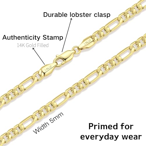 14K Gold Chain Necklaces for Women & Men, 5mm Simple Figaro Link Chain for Womens Dainty Non-Tarnish Necklace Unisex Sizes 18-24 Inches Cadenas De Oro 14K Para Mujer4