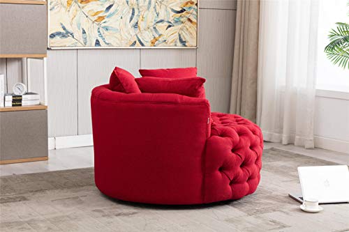 Swivel Barrel Chair, Upholstered Tufted Accent Chair Round Club Chair With 3 Pillows, Curved Back Sofa Chair Linen Leisure Chair, Lounge Swivel Chair Armchair For Living Room Bedroom Hotel, Red #TOP3