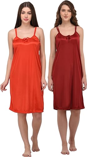 Image of You Forever Women Sexy Satin Striped Solid Above Knee Length Nighty, Loungewear, Nightwear, Sleepwear, Home Wear Short Nighty for Women Pack of 2