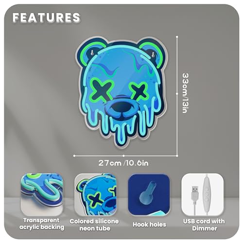 Ice Bear Neon Sign, Cool Led Sign for Wall Decor – Usb Powered, Adjustable Brightness Anime Bear Led Light for Bedroom, Bar, Pub, Party, Man Cave Decor, Unique Gift for Teenage Boys