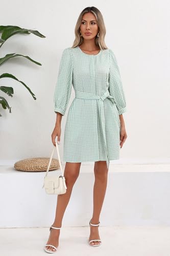 Image of Ladyful Gingham Shirt Dress for Women Summer Crewneck 3 /4 Sleeve Button Down Dress Tie Waist Plaid Short Dresses