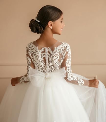 M_RAC Lace Flower Girls Dresses for Wedding Long Sleeve Tulle Princess Party Dress with Train2