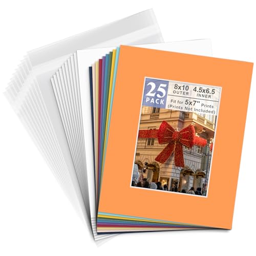 Golden State Art, Pack of 25 Mixed Colors Pre-Cut 8x10 Picture Mat for 5x7 Photo with White Core Bevel Cut Mattes Sets. Includes 25 High Premier Acid Free Mats & 25 Backing Board & 25 Clear Bags