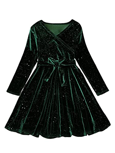 WDIRARA Girl's Velvet Glitter Wrap V Neck Long Sleeve Tie Belted Flared A Line Party Midi Dress