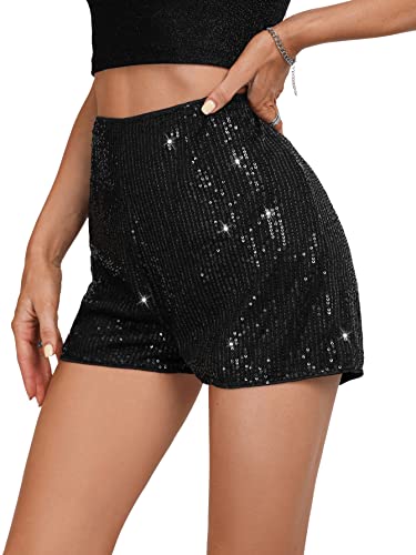 SweatyRocks Women's Sequins High Elastic Waist Straight Leg Shorts Solid Glitter Party Shorts4