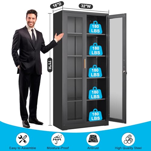 71" Glass Display Cabinet with Lock,Curio Cabinet with Glass Doors, Metal Display Case with 4 Adjustable Shelves, Black Bookcase Locking Storage Cabinets for Living Room, Kitchen，Commercial