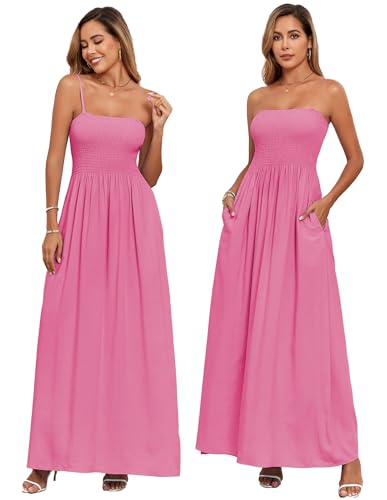 Image of Women Detachable Strap Beach Dress Strapless Smocked Pockets Maxi Dress | Removable Straps Flowy Swing A Line Maxi Beach Dress Boho Vacation Casual Smocked Strapless Beach Wedding Guest Sundress