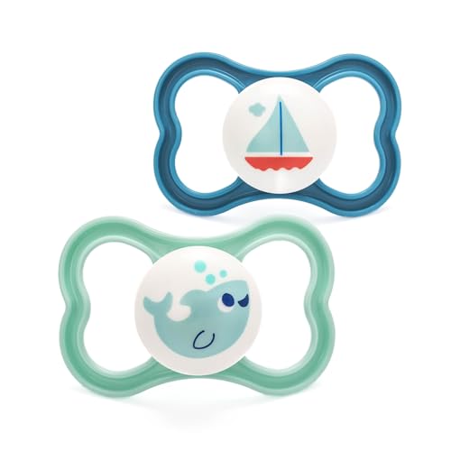 MAM Air Soothers | 16 Plus Months | 2 Pack | Comes in Dummy Steriliser Case | Sustainable Materials | Baby Accessories | Blue/Cream (Various Designs)