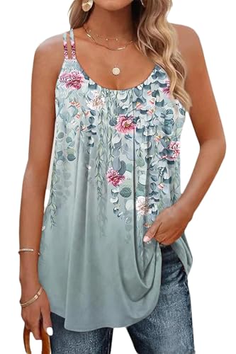 Tank Top with Built in Bra Casual Dusty Blue Floral Print Cami for Women Comfy Loose Fit XS-5XL