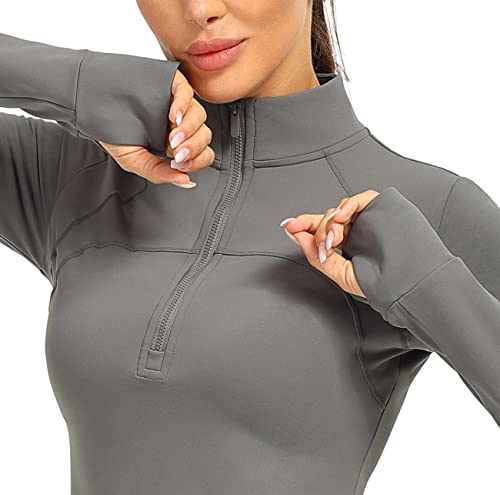 Icyzone Fleece Lined Half Zip Pullover For Women With Thumb Holes, Athletic Workout Warm Jackets, Fitted Long Sleeve Yoga Crop Tops (Charcoal, M) #TOP4
