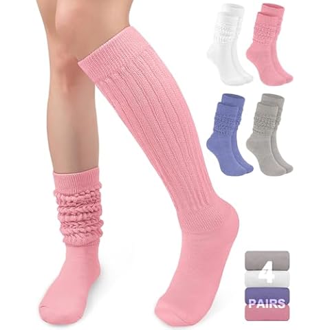 BLONGW 4 Pairs Slouch Socks Women Knit Knee High Boot Socks Warm Cozy Cotton Long Scrunch Socks, Multicolor Cover