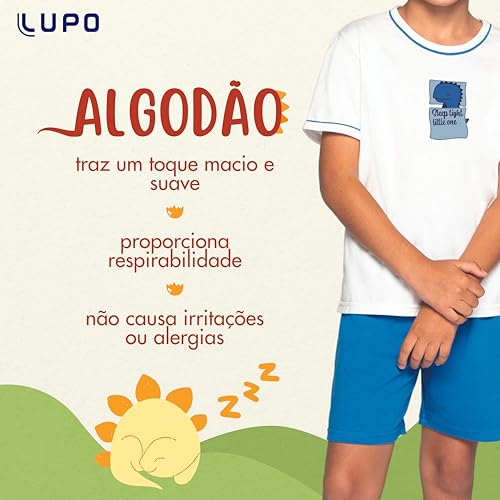 LUPO Pijama 100% Algodão Infantil Manga Curta Dino Sleep Divertido Menino Kids, Branco, 8